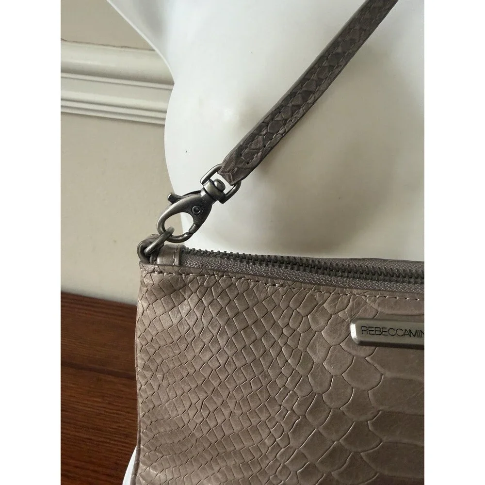 Rebecca Minkoff 3-Zip Crossbody Bag Taupe Grey Snake Embossed Leather Fringe